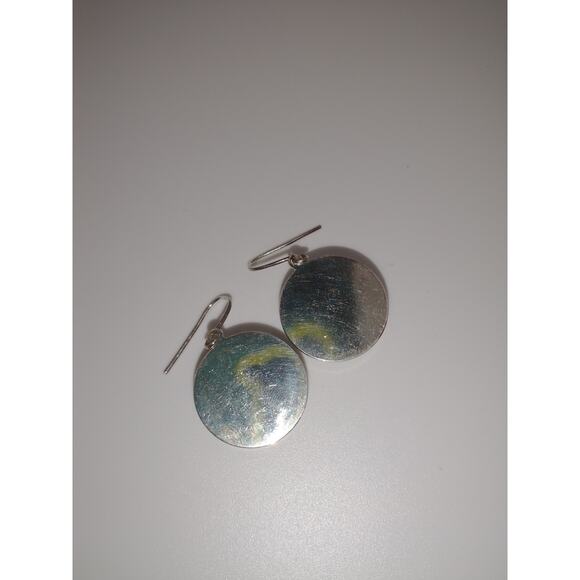 Fused glass round dangle iridescent earrings silver tone pretty shimmer - Picture 2 of 9